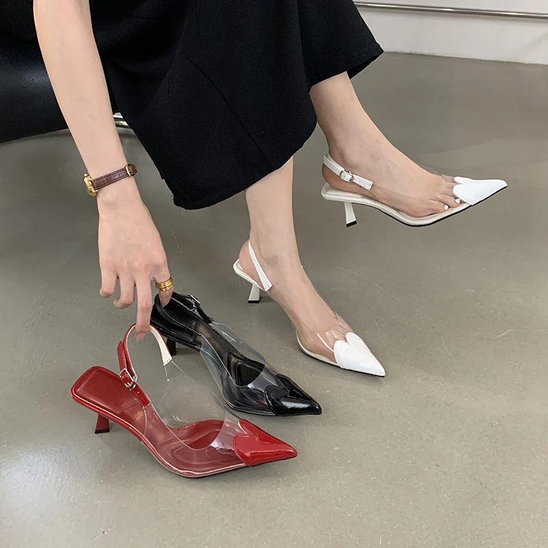 Kcenid Summer Women Fashion Loving Heart Clear PVC Sandals High Heel Slingback Pumps Women Pointed Toe Sandals Wedding Shoes