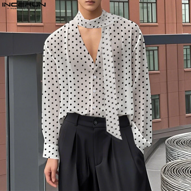 

Men Shirt Polka Dot Printing V Neck Long Sleeve Chiffon Male Shirts Belt Streetwear Tops Loose 2025 INCERUN Fashion Men Clothing