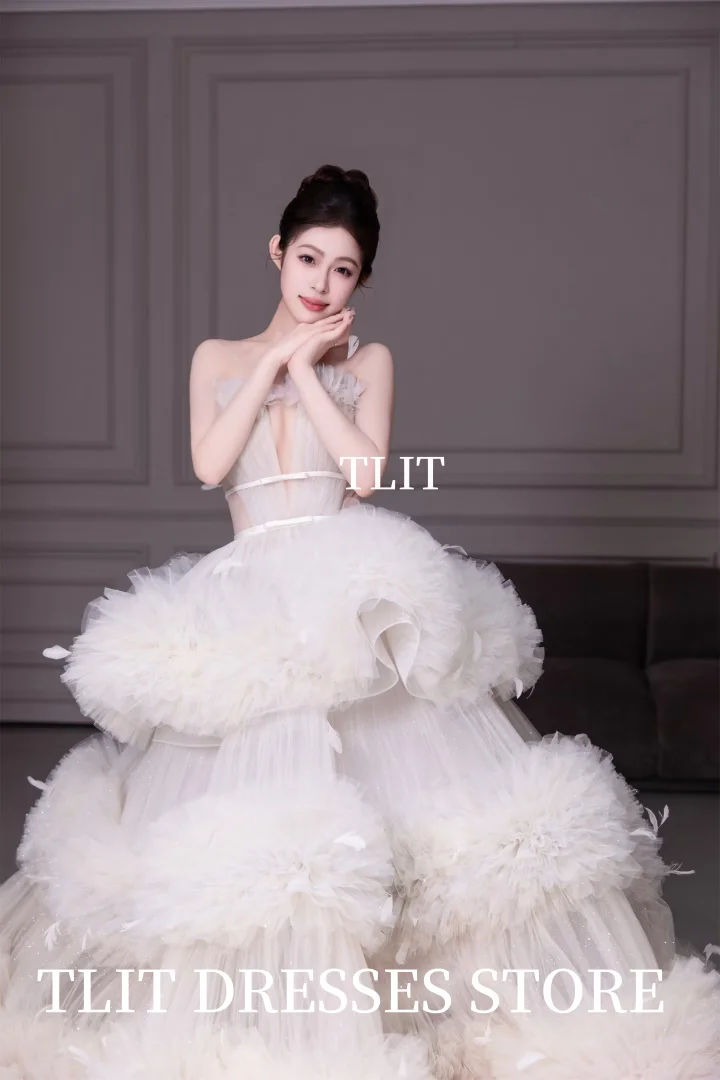 TLIT luxe tule gelaagde avondjurk Korea trouwjurk fotoshoot diepe v-hals fee veren prom jassen op maat
