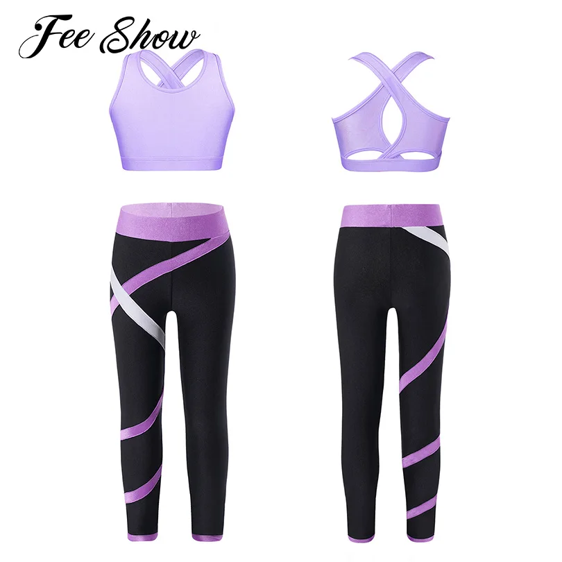 

Children Girls Fitness Suits Sleeveless Yoga Top Leggings Stretchy Crop Top with Striped Leggings for Running Gym Sportswear