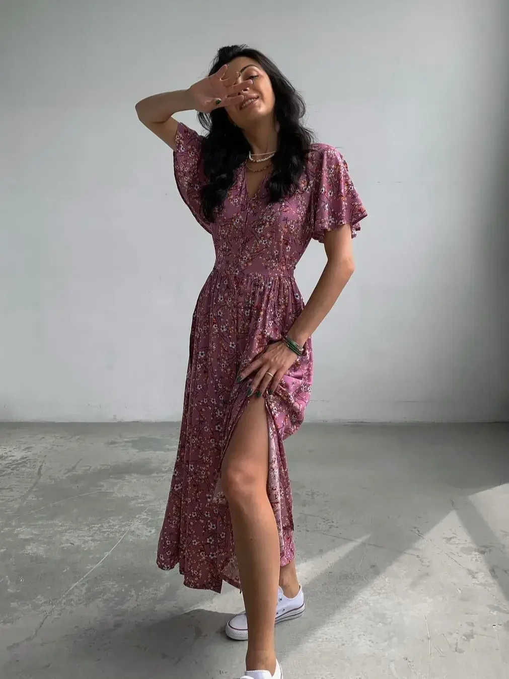 Boho French Style Flower Printed Dress Women V-Neck Elegant Lace-up Sundress Summer Elegantes Para Mujer 2023 Maxi Dress Vestido