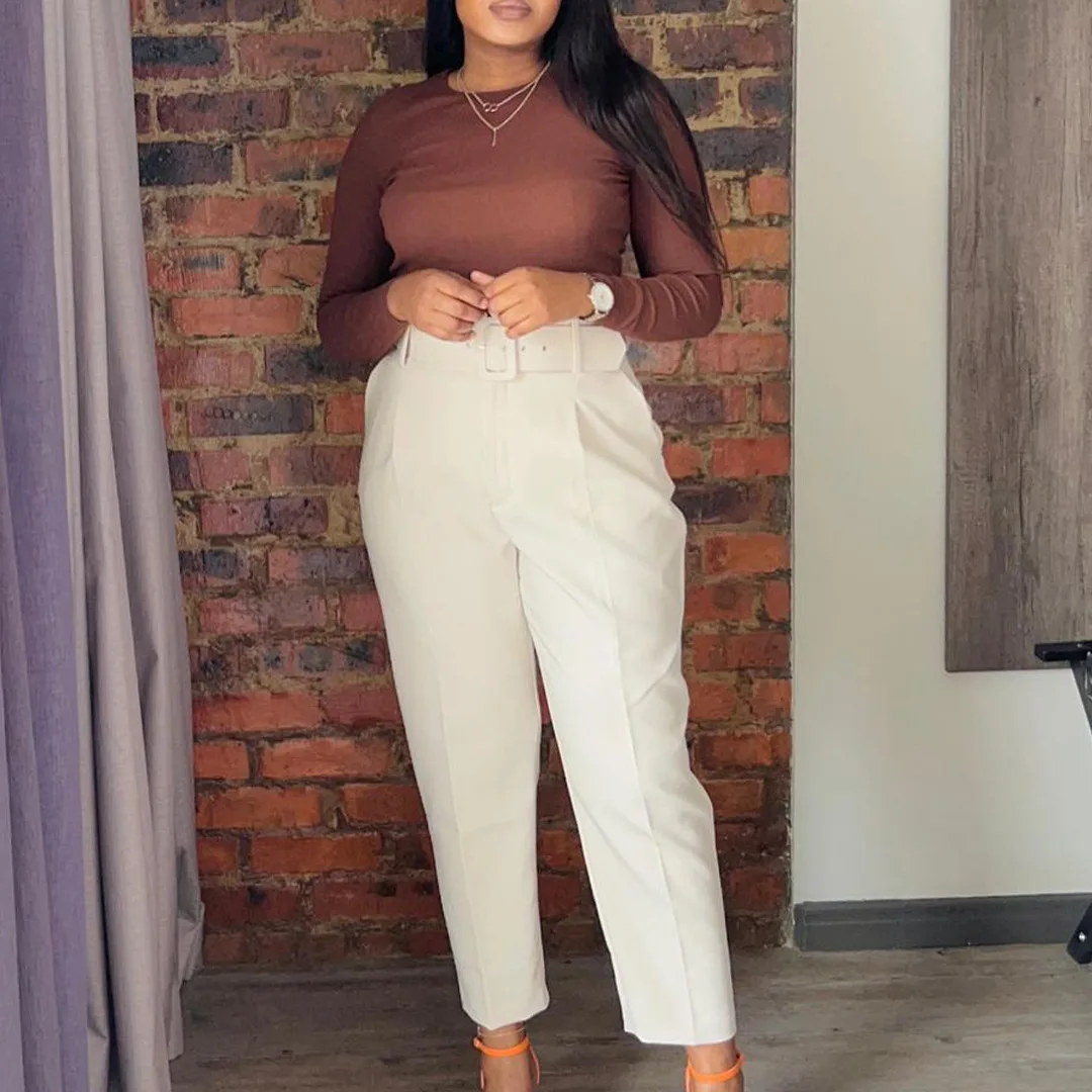 

Casual Women Suit Pants 2023 Summer Fashion High Waist With Belt Classic Pockets Office Trousers Female Fashion Pink Harem Pant