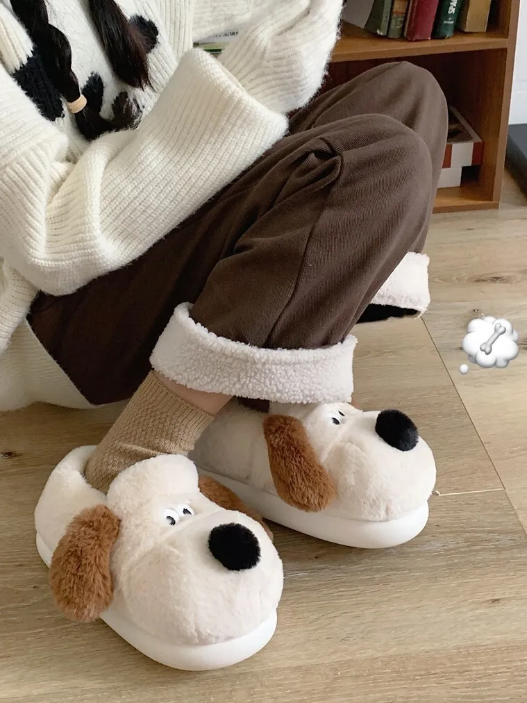 Funny Dog Home Slippers Indoor Household Plush Warm Full Pack Heels Parent Child Cotton Slippers Men's And Women's Winter