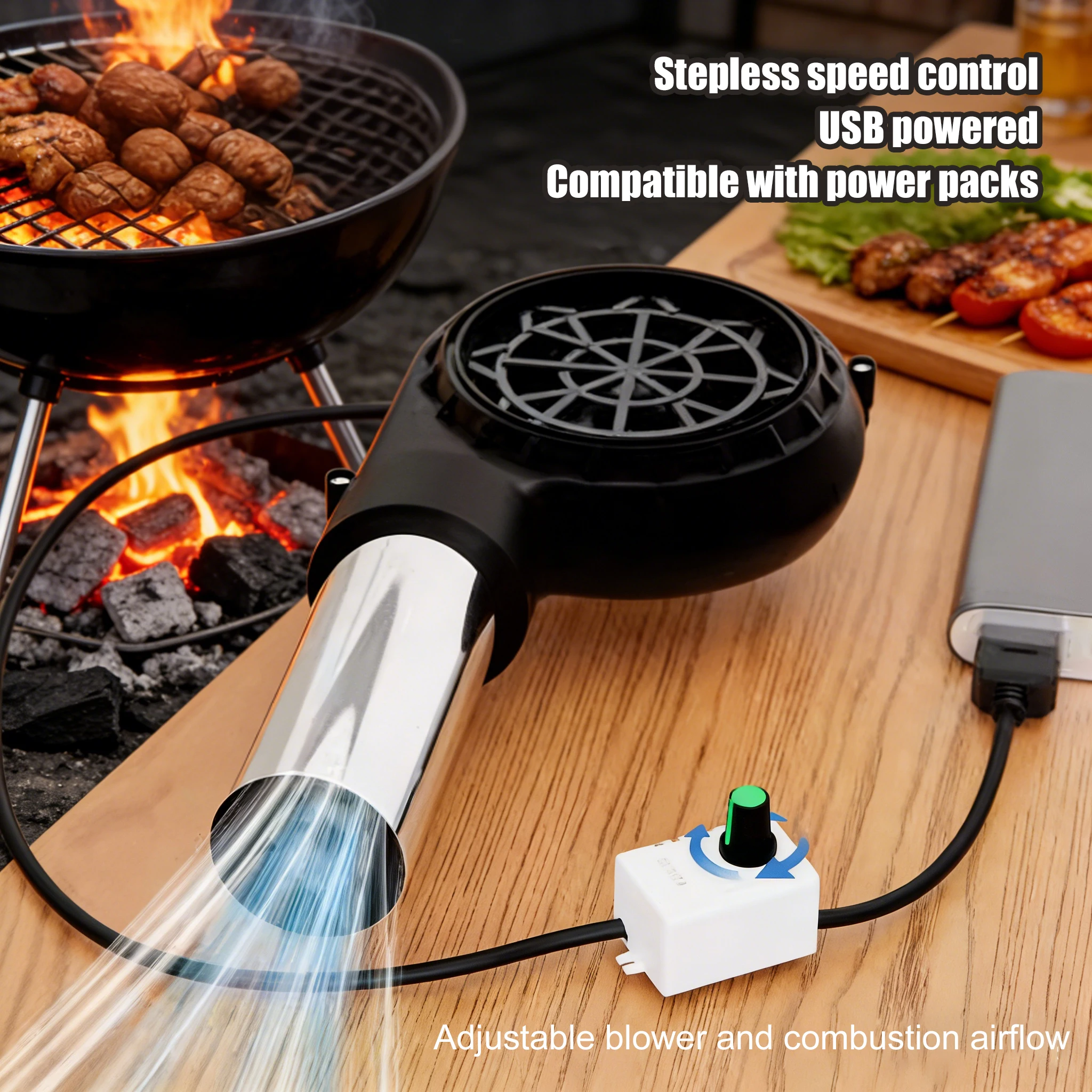 

USB BBQ Fan with Stepless Speed Fire Starter Fan Outdoor Fire Blower Portable Camping Fire Starter Fan with Stainless Steel Tube