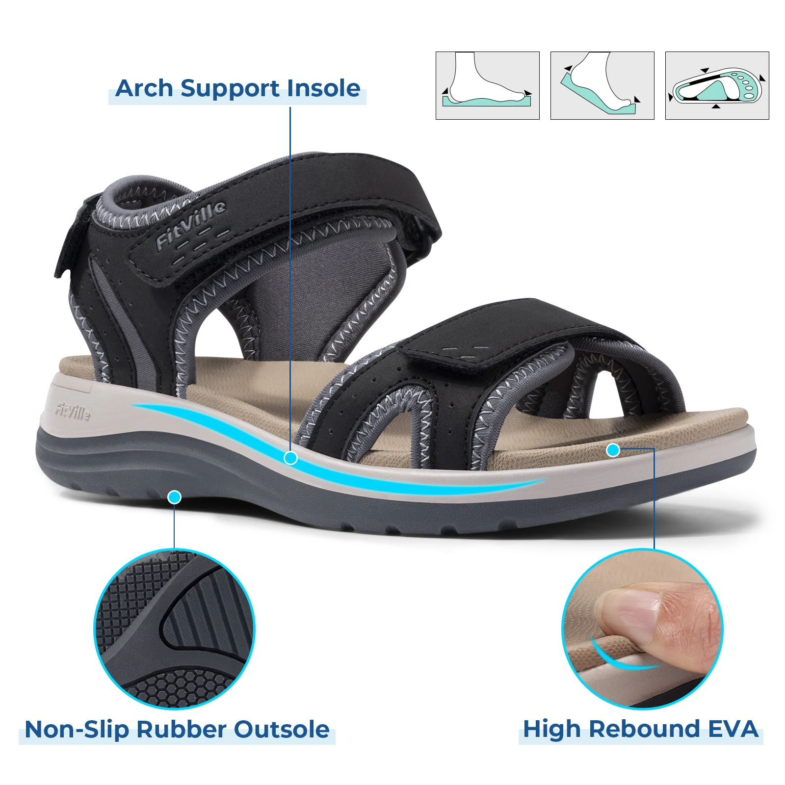 FitVille Women's Sandals  Adjustable Ankle Strap for Swollen and Flat Feet Wide Arch Support Open Toe Orthopedic sandals