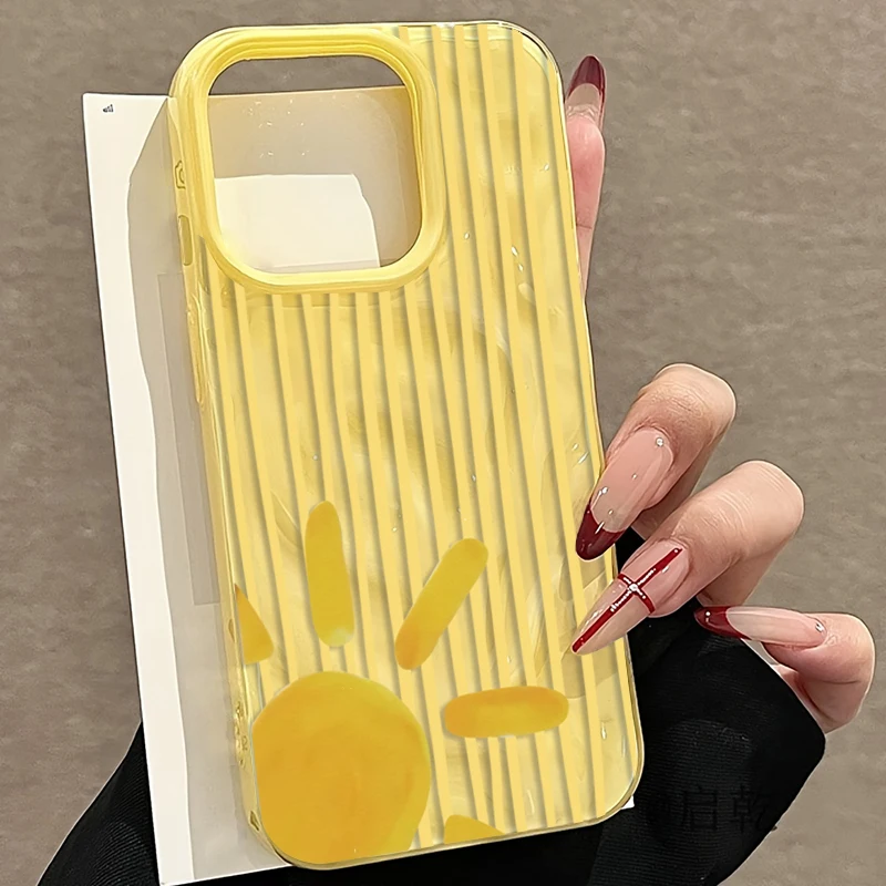 

Yellow Striped Sun Pattern Phone Case for IPhone 17 Pro Max 16 15 14 13 12 11 Pro Max Plus 17Air 16E Wrinkled Texture Soft Cover