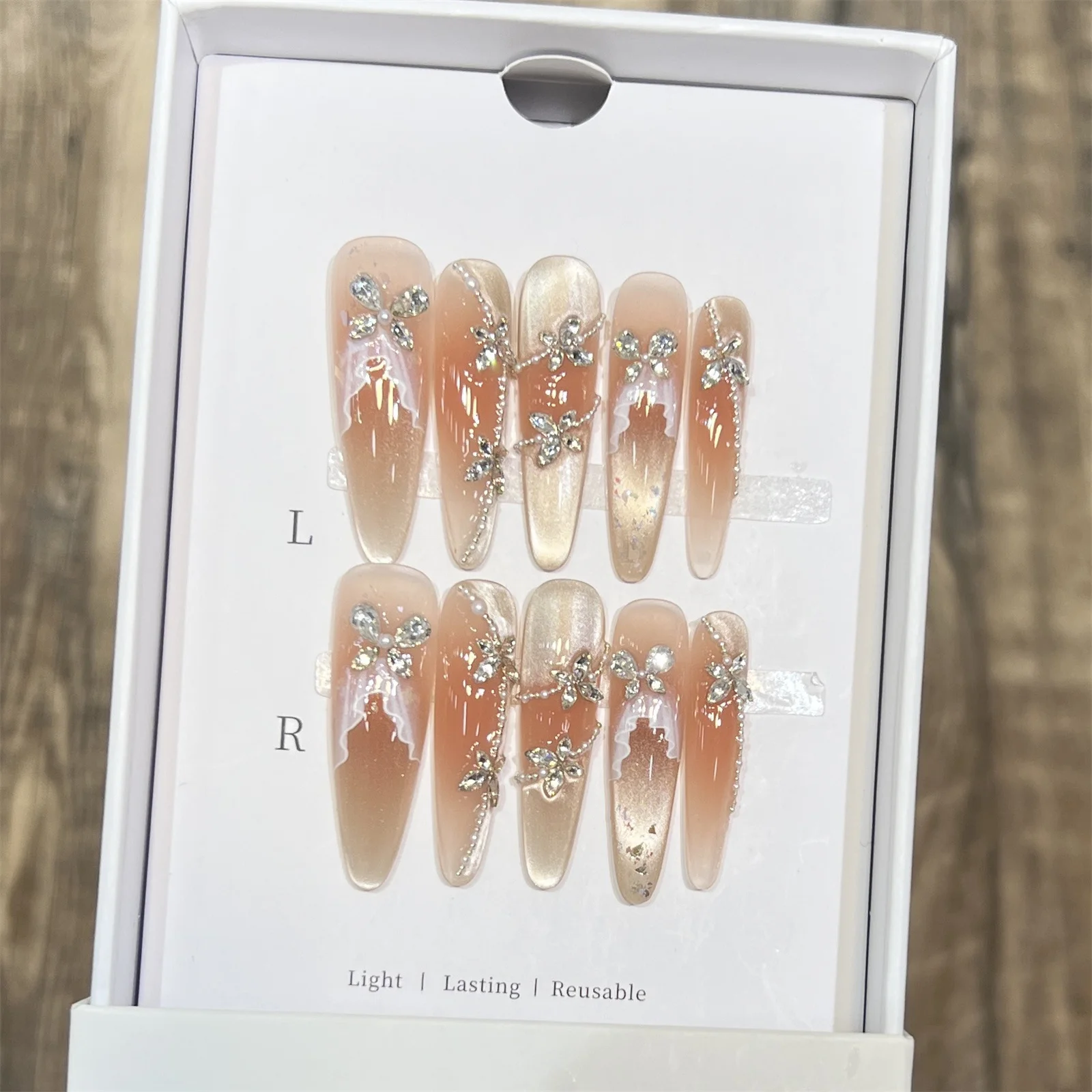 10 Stück künstliche Nägel, Katzenauge, Strass, Glitzer, zum Aufdrücken der Nägel, Schmetterlingsflügelspitzen, lange künstliche Nägel für Frauen, Maniküre, DIY