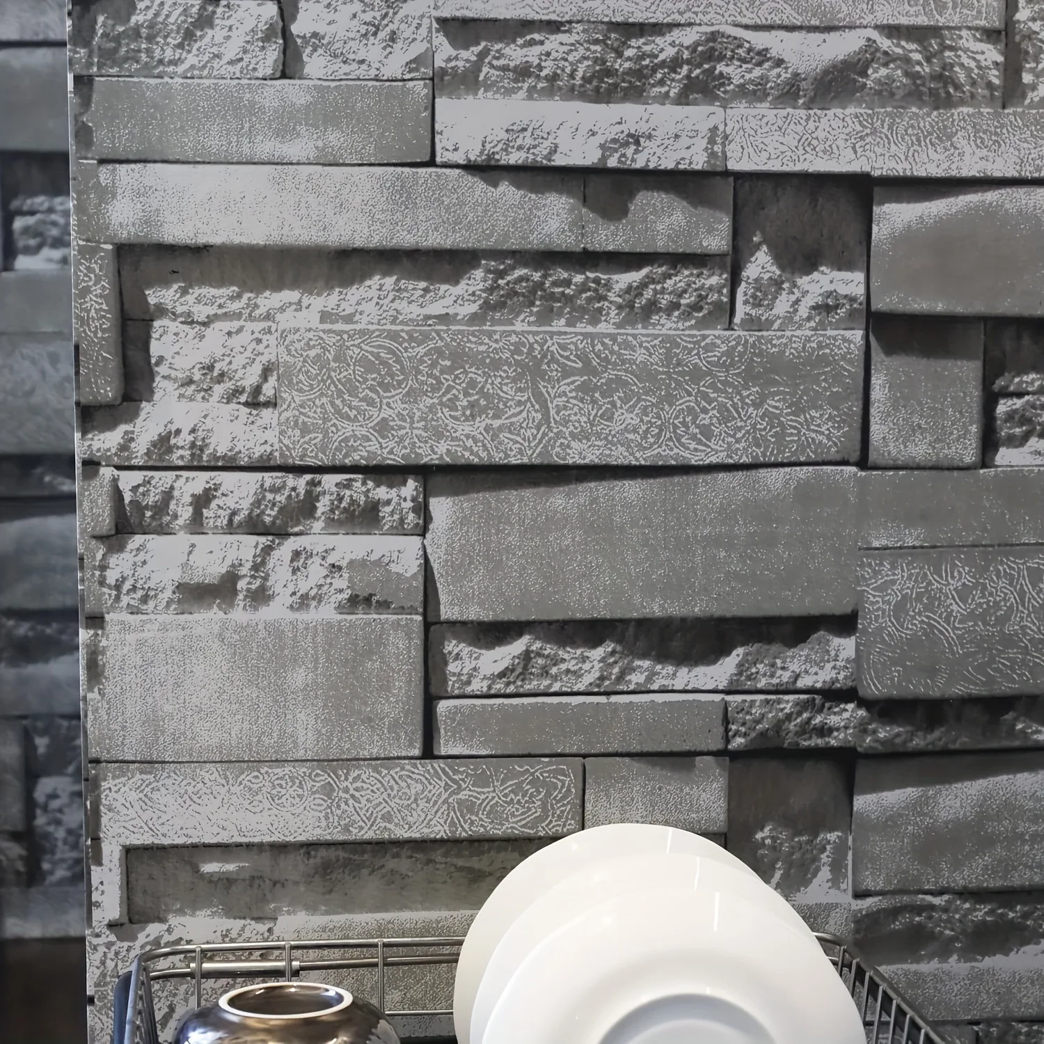 ملصق حائط ثلاثي الأبعاد من الطوب PVC ذاتي اللصق مقاوم للماء وقابل للإزالة لغرفة المعيشة وغرفة الطعام وتصميم الطوب الرمادي