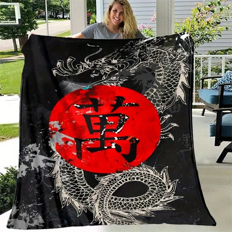VIKAMA Chinese Ink Art Dragon Throw Blanket Oriental Wan Character Red Circle Print Farmhouse Bedroom Sofa Camping Decor Blanket