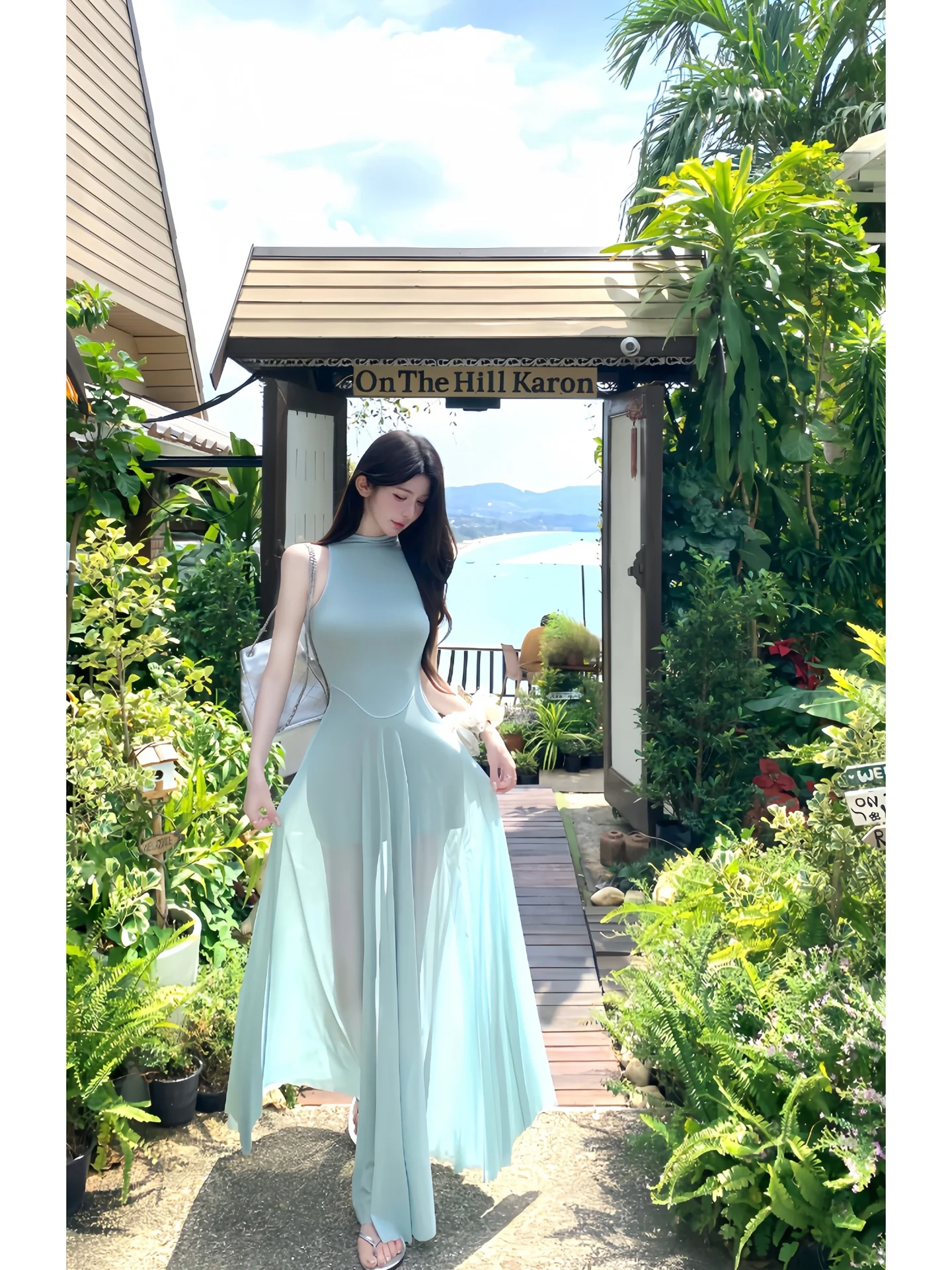 

Mint Summer High Collar Mesh Dress Women's Spring Summer Korean Style Waist Cinched Beach Vacation Tye Dye Skirt Elegant a Li...