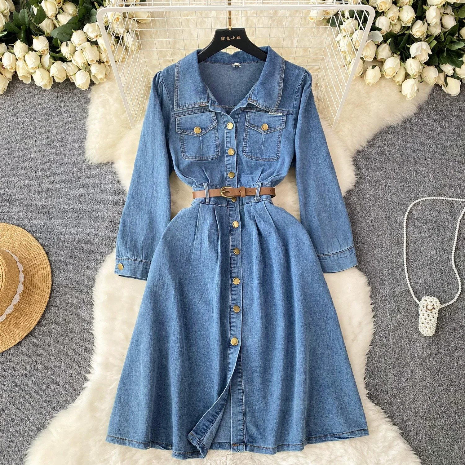 

Denim Dress Women Mid Length Party Dresses Jeans Single Breasted Y2k Vestidos Short Sleeve Elegant High Waist Streetwear Belt