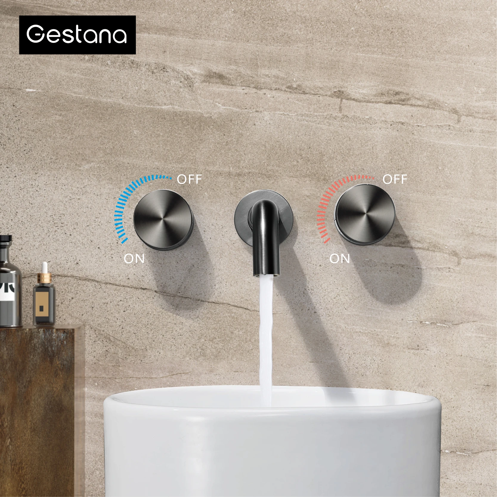 

Minimalist Brass 2-Handle Wall-Mounted Bathroom Sink Faucet.Modern Brushed Gold Hot and Cold water 3-Hole Fit Basin Mixer Tap