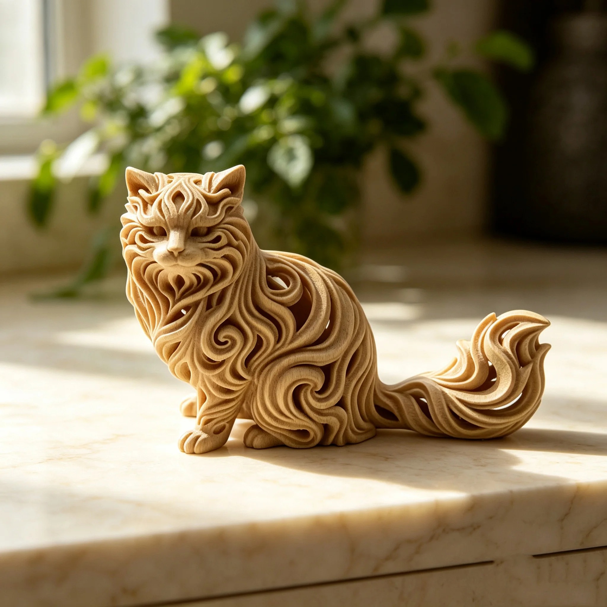 Vintage Hollow‑Carved Cat Figurine 3D Printed Imitation Wood Texture Long‑Haired Cat Statue Home Desktop Art Craft Ornament