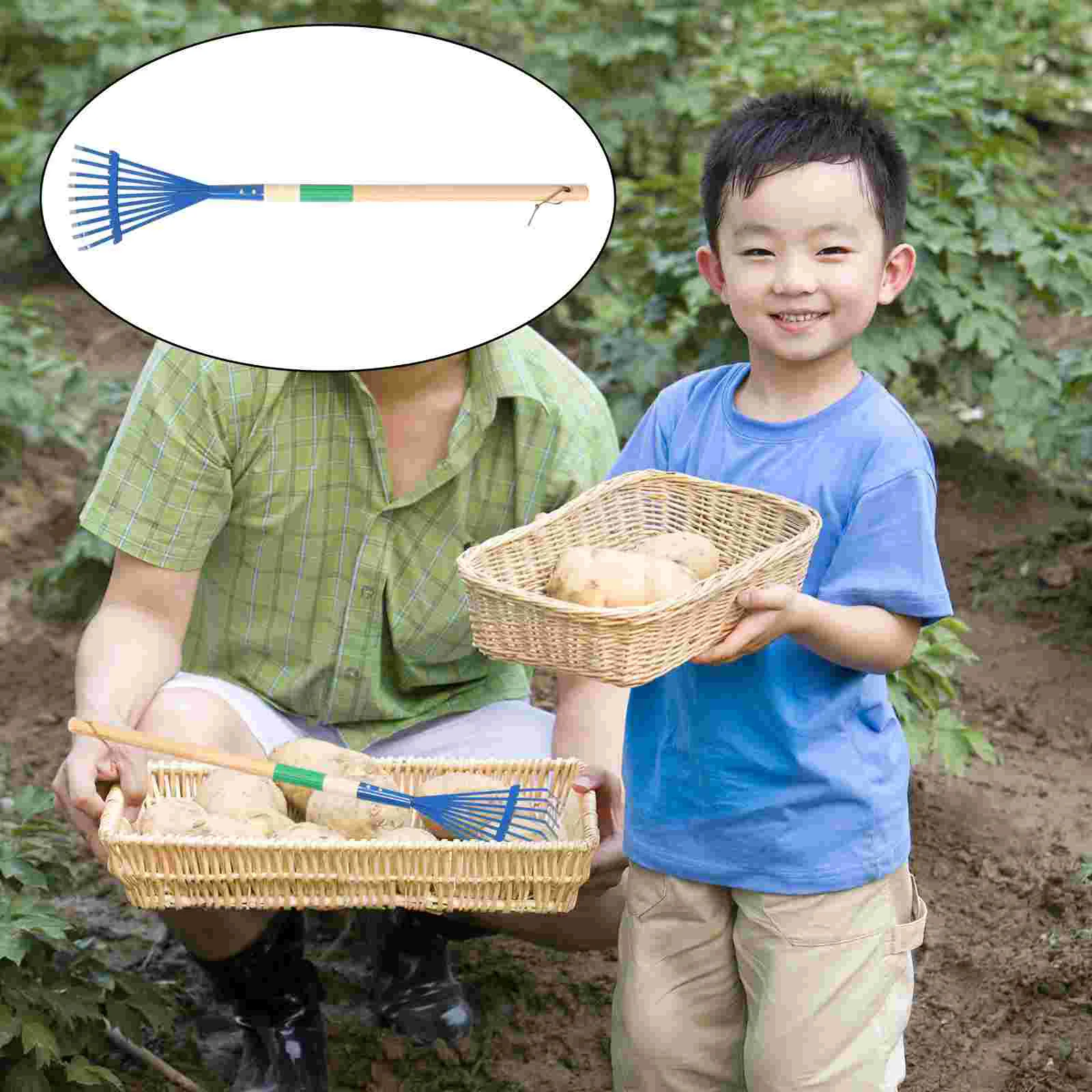 Wooden Handle Lawn Rake Kids Outdoor Toys Mower Playhouse Accessories Childrens Gardening Rakes Equipment Metal