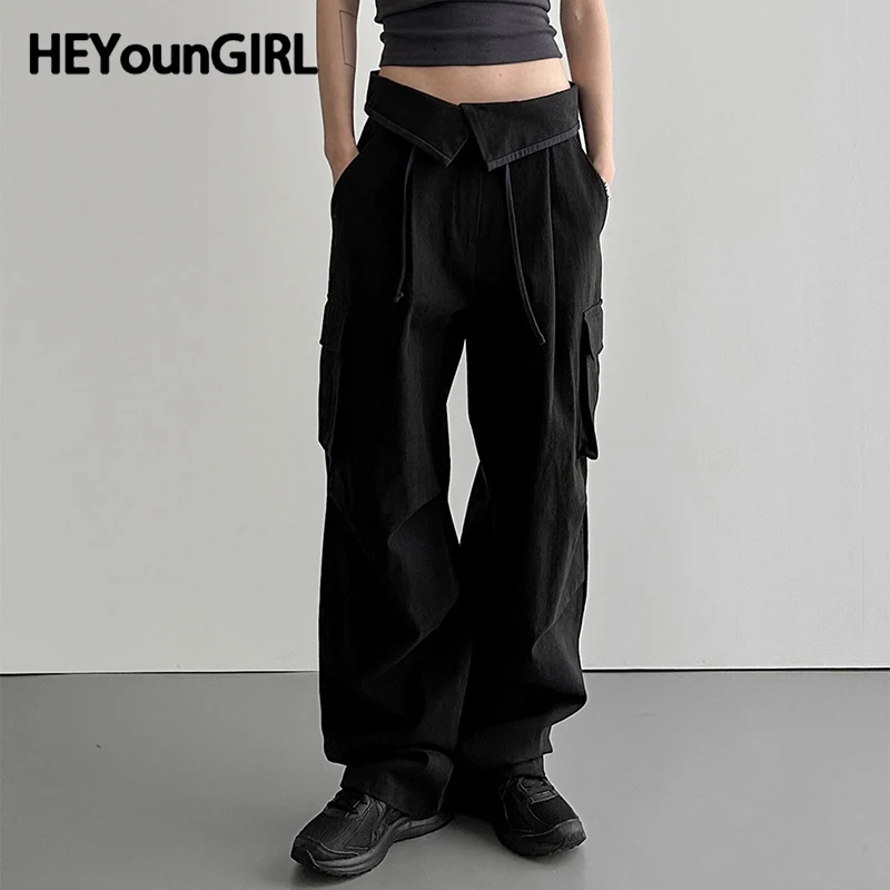 

HEYounGIRL Korean Fashion Cuffs Cargo Pants Low Waist Black Casual Loose Fit Sweatpants Grunge Hip Hop Street Style Joggers Girl