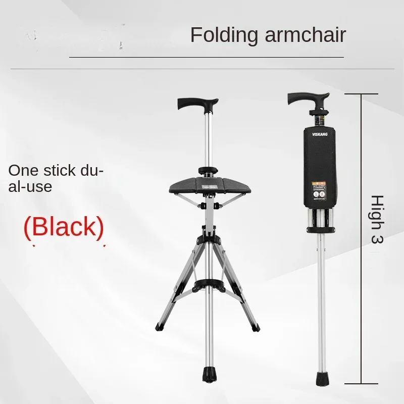 Multi-functional Non-slip Walking Stick with Seat One Key Foldable Crutch Chairs Triangular Bracing Elderly Hiking Pole Walkers