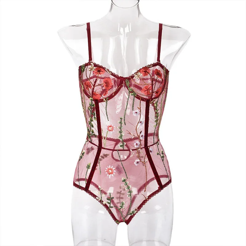 New popular bodysuits, fashionable flower embroidery, mesh patchwork, fun jumpsuit for women