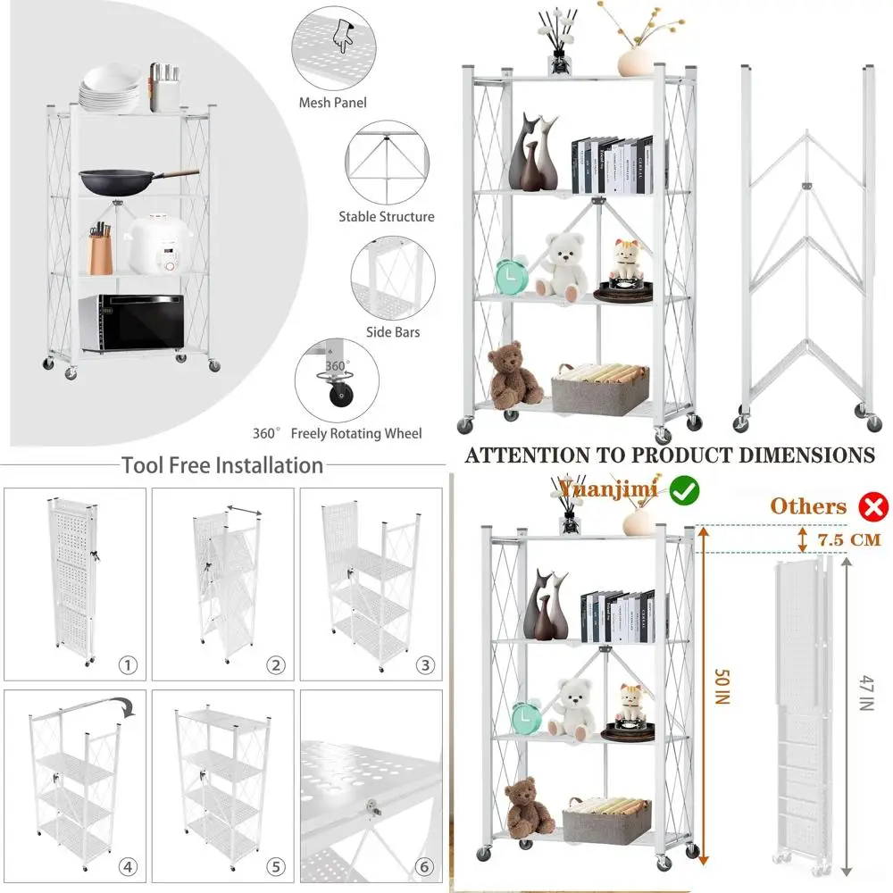 Collapsible 4-Tier Steel Utility Shelf with Wheels, Holds 600lbs, Rolling Storage Rack for Home and Office, White