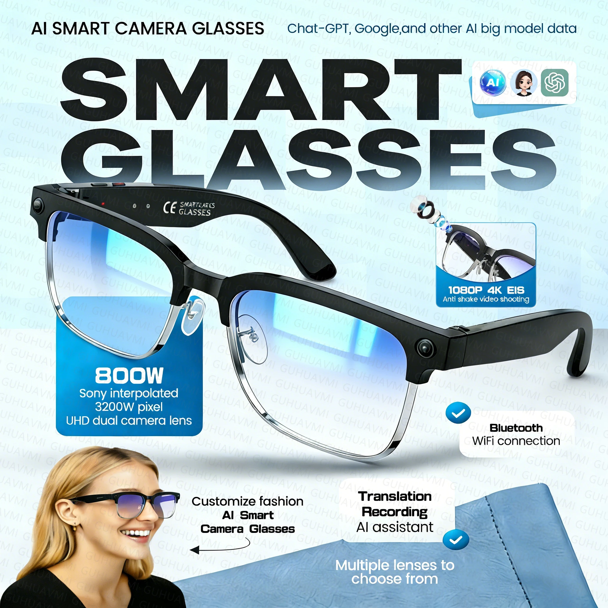 2026New Custom Lenses Women Fashion AI Smart Glasses Language Translation WiFi 800W Dual Camera 4K UHD Video Music Photo Glasses