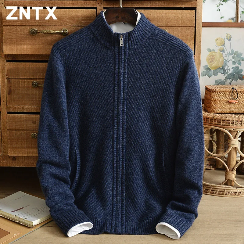 

ZNTX New 100% pure cashmere sweater men's cardigan with thick turtleneck zipper knit sweater coat pocket striped middle age