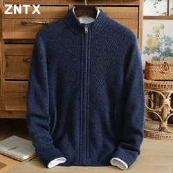 ZNTX New 100% pure cashmere sweater men's cardigan with thick turtleneck zipper knit sweater coat pocket striped middle age