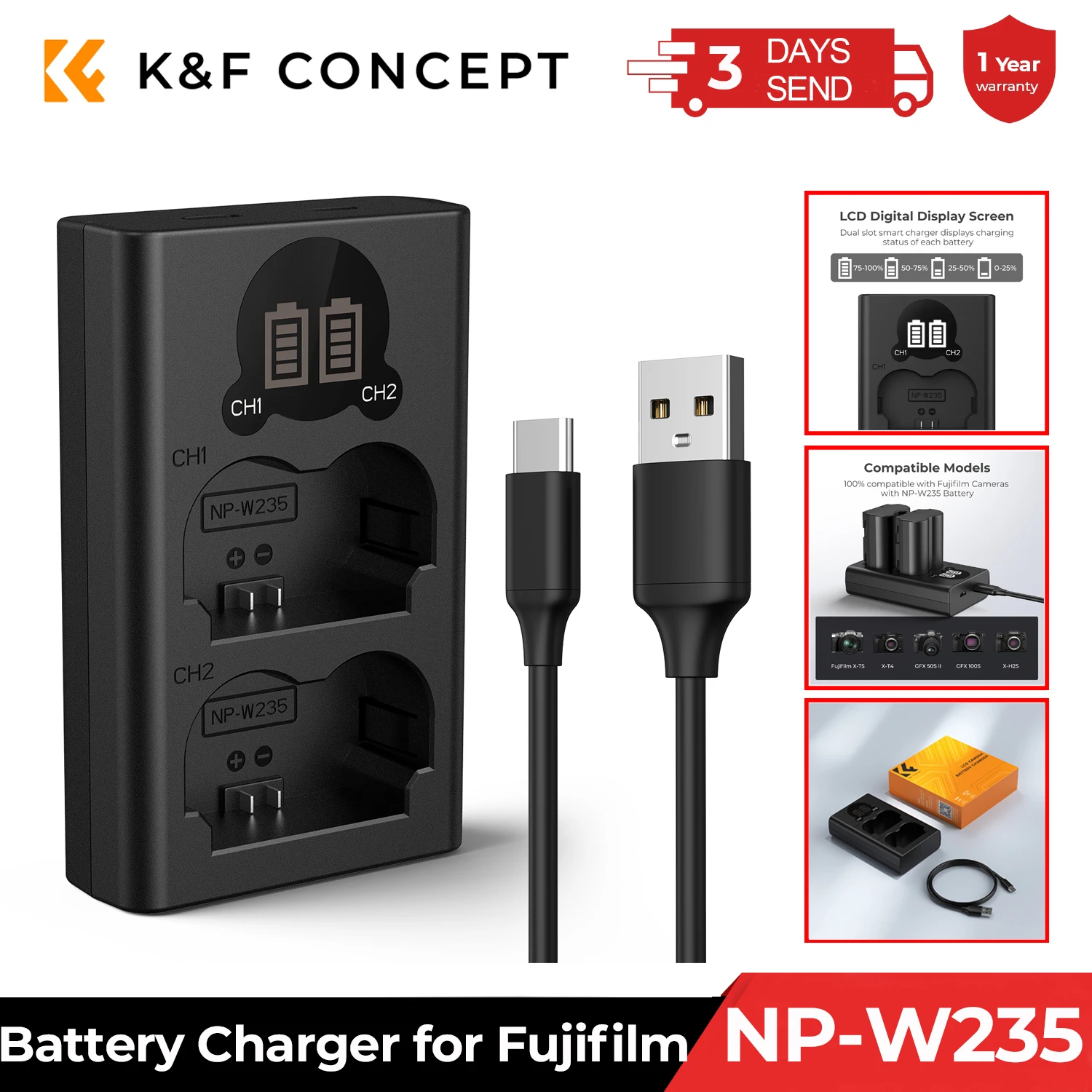 

K&F Concept NP-W235 Battery Charger with LCD Screen Micro USB and Type-C Charger Charger for Fujifilm X-T5 X-T4 GFX 100S Cameras