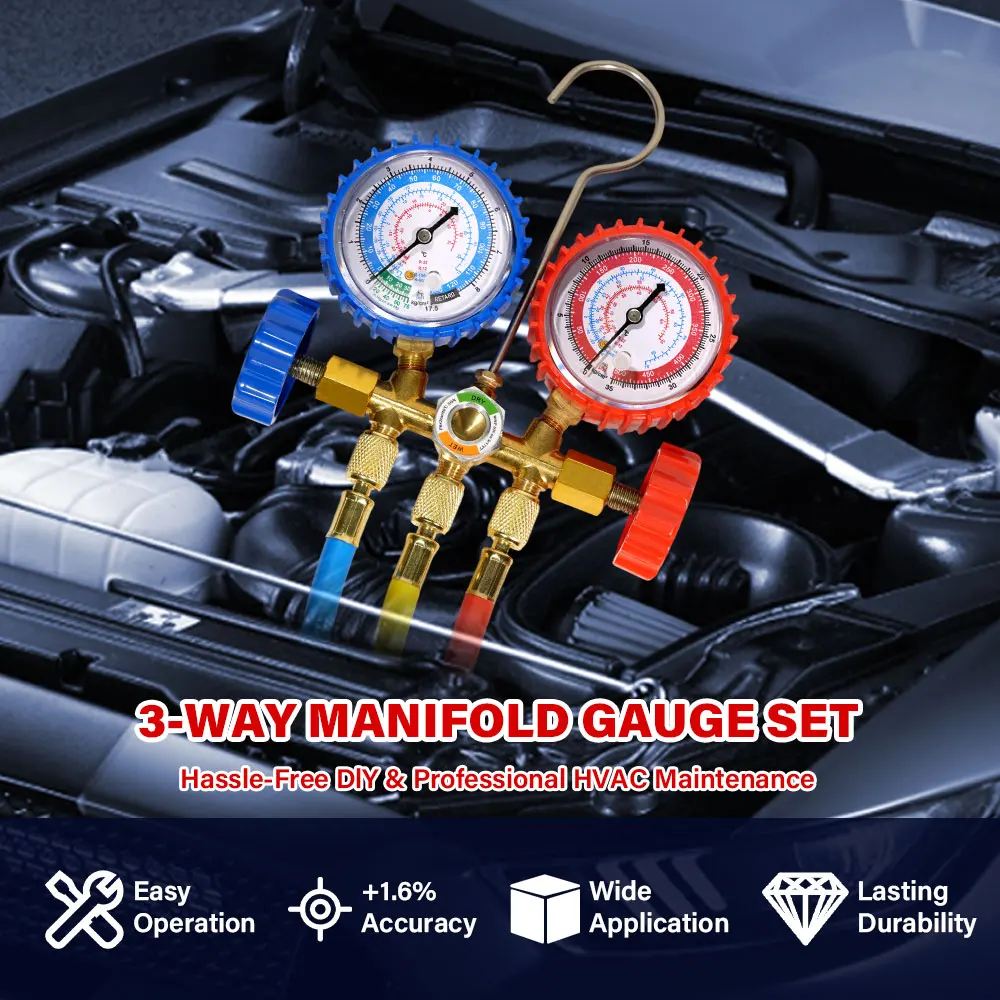 [Penjualan besar] Set Alat Ukur Manifold Refrigeran Pro dengan Ulir 1/4 Inci - Kompatibel Multi Gas untuk Sistem R134A R22 R410A R404A