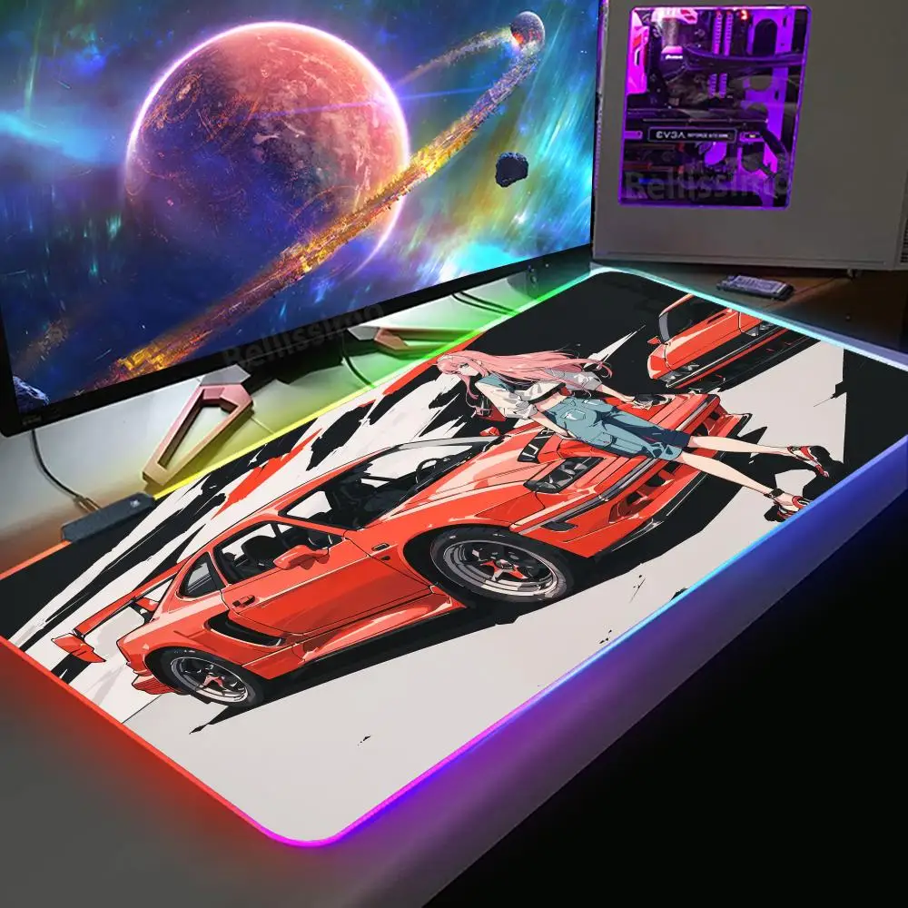 Sports car with cute Anime girl Pink art Mouse Pad Desk  Kawaii RGB Holiday gifts Non-Slip Rubber Office gadgets Edge locking