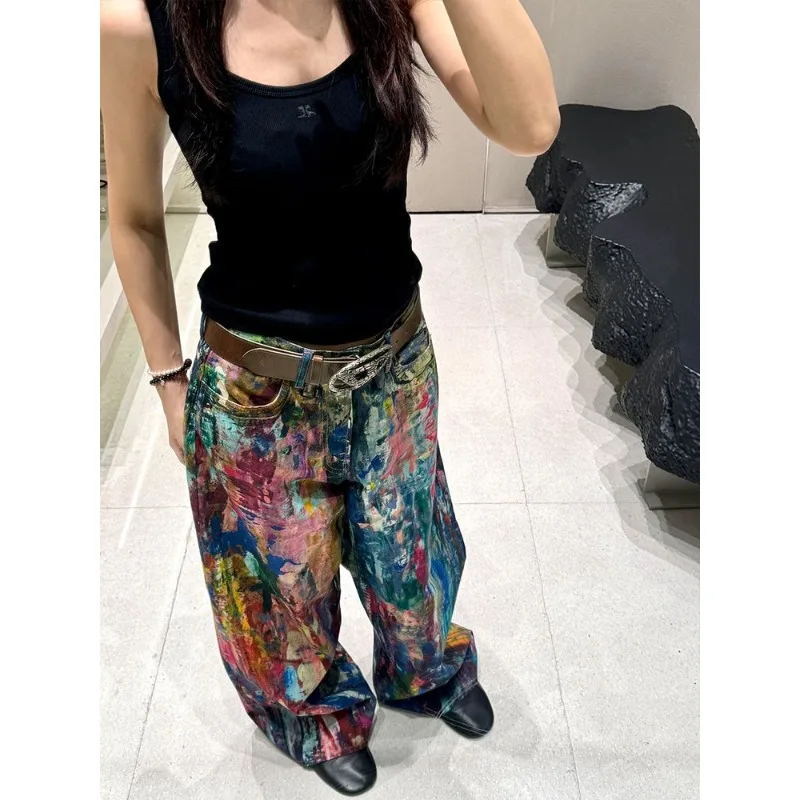 Ink Splash Painting Color Palette Jeans Spring Spicy Color Print Drag Pants Trendy Colorful Jeans Women Vintage Plus Size
