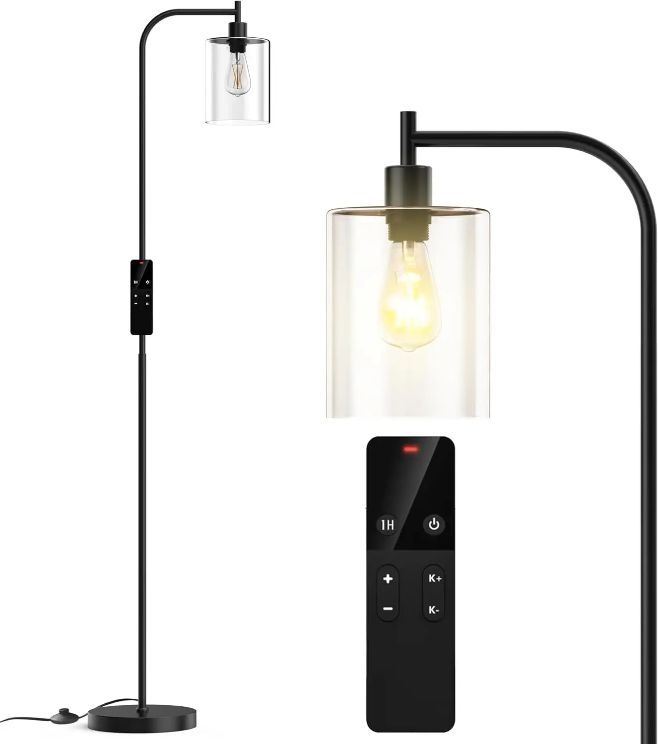 

Modern Dimmable Industrial Floor Lamp with Glass Shade & Remote for Living Room, Bedroom, Office in Black