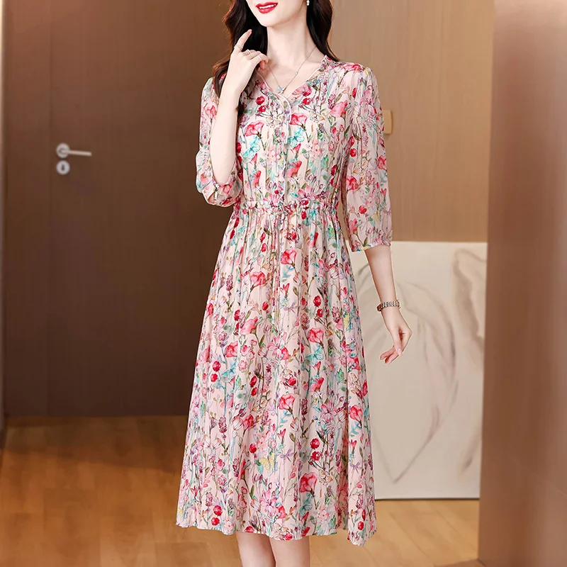 2025 damska nadruk w stylu vintage plaża elegancka suknia wieczorowa wiosenne wakacje Boho Hepburn Vestidos letnia luksusowa jedwabna sukienka Midi na co dzień