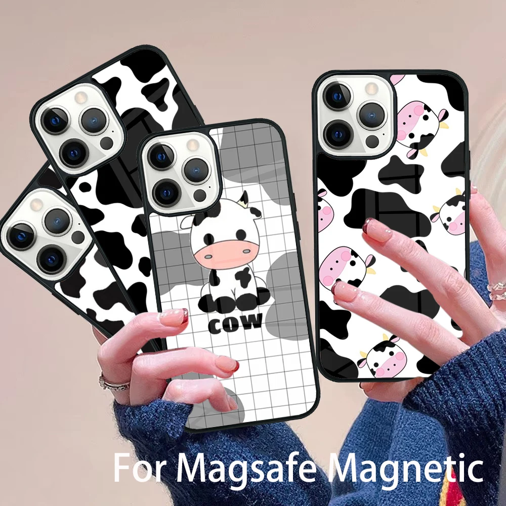 

Black and white animal Cow Phone Case Magesafe Magnetic Wireless Charge Cover For IPhone 16 11 12 13 14 15 Pro Max Plus Mini