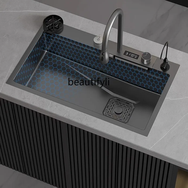 Feiyu Waterfall Large Single Sink Sink Digital Display Kitchen 304 Stainless Steel Sink Multifunctional Nano Kitchen Sink