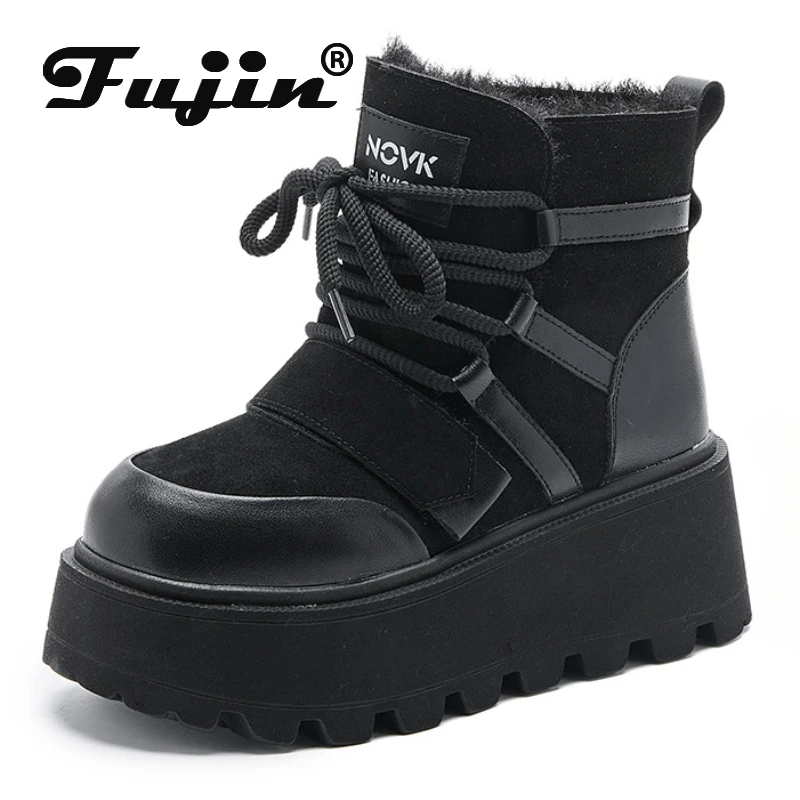 Fujin 7cm Retro cow Genuine Leather Ankle Mid Calf Motorcycle Booties Woman Ladies Lace Up Platform Wedge  Autumn British Shoes