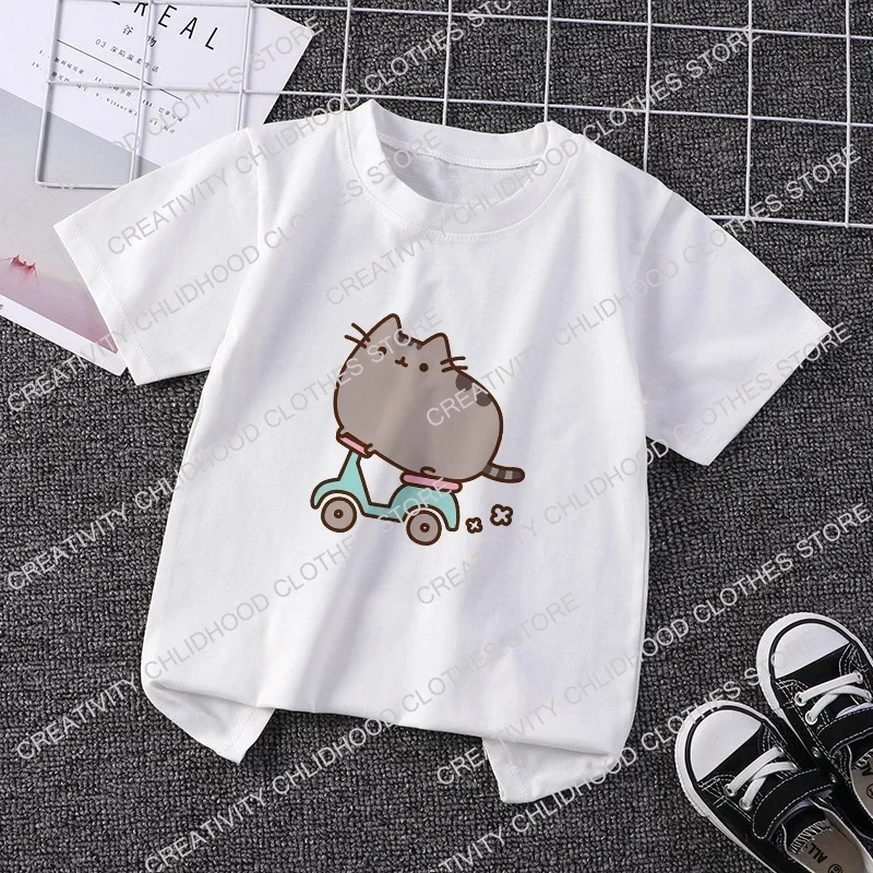 Pusheen الأطفال تي شيرت Kawaii لطيف القط طفل تي شيرت أنيمي الرسوم المتحركة للفتيات الفتيان الملابس عادية كم قصير بلوزات على الموضة