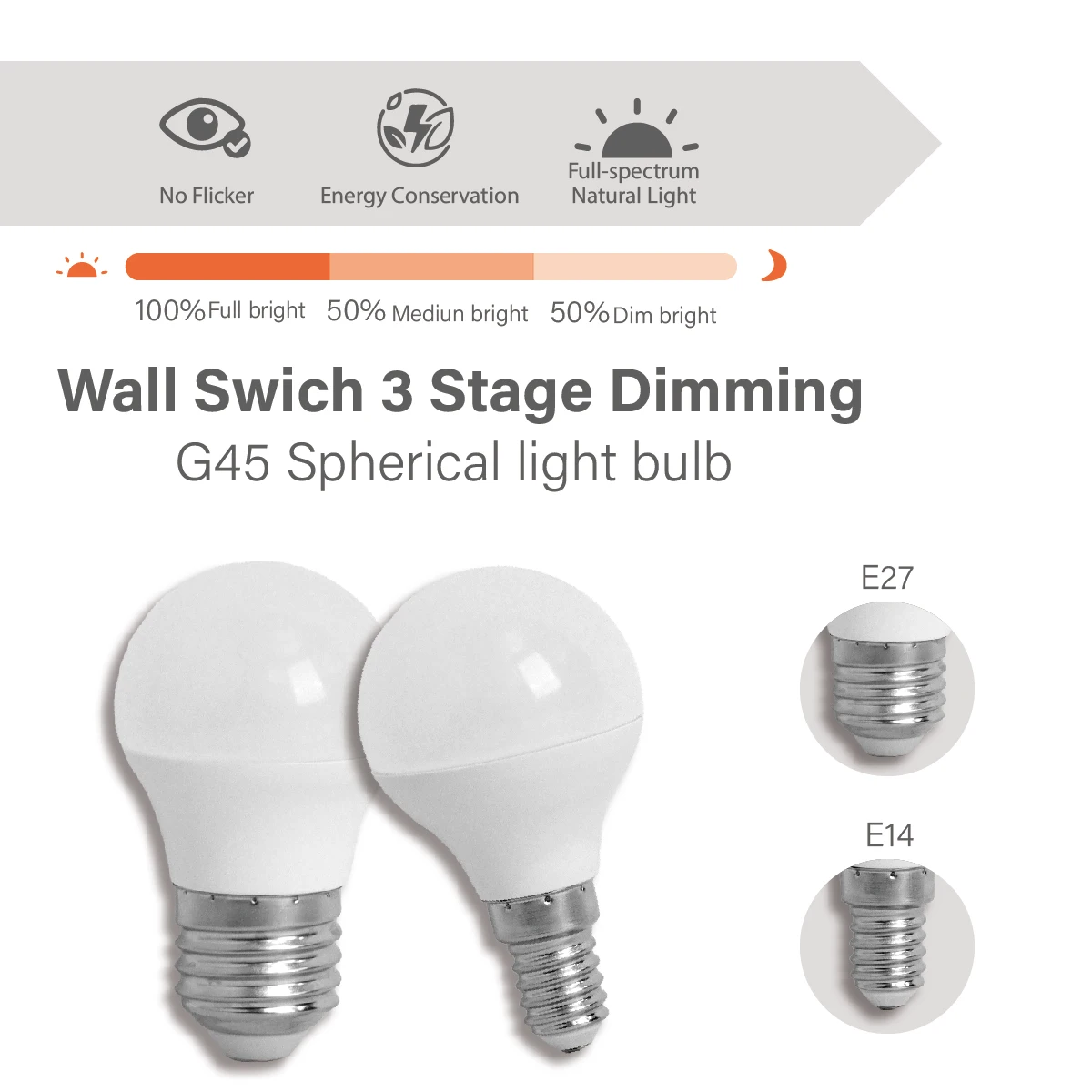3‑Way Dimmable G45 MINI LED Bulb E14 E27, 100% 50% 15% Bright CRI80, Controlled by Wall On‑Off Switch for Floor Bedside Lamp