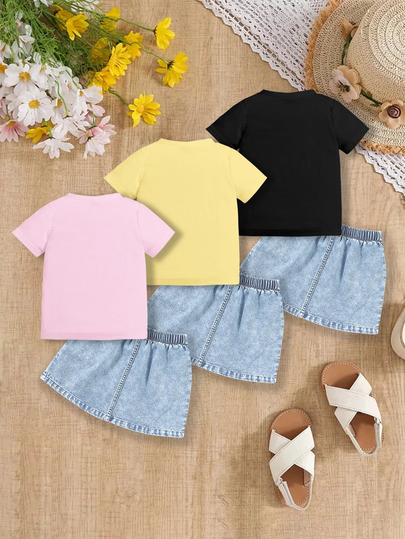 6 pieces: Girls Summer Denim Dress Suit Cartoon Dinosaur Capybara Balloon Dog Pattern Short Sleeve
