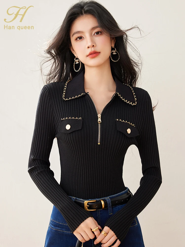 H Han Queen Spring Zipper Tops Sweater Long Sleeve Black Vintage Casual knitted Pullover Sweaters Korean Style Women's Clothing