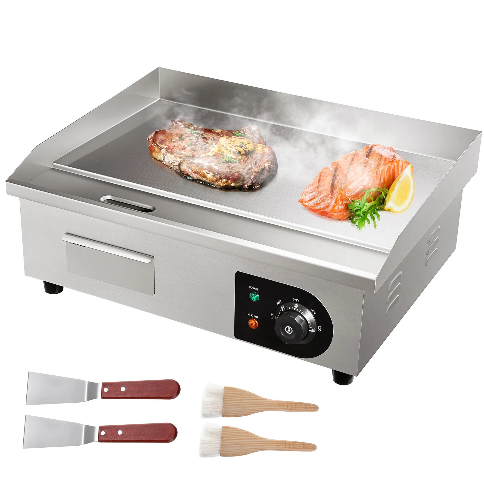 VEVOR 1600 W Elektro Bratplatte Griddleplatte 40 x 300 x 10 mm, Edelstahl + Eisen Grillplatte 542 x 430 x 220 mm mit Bürsten und Schaufel, Kommerzielle Grillplatte Elektrogrill Profi Planchagrill