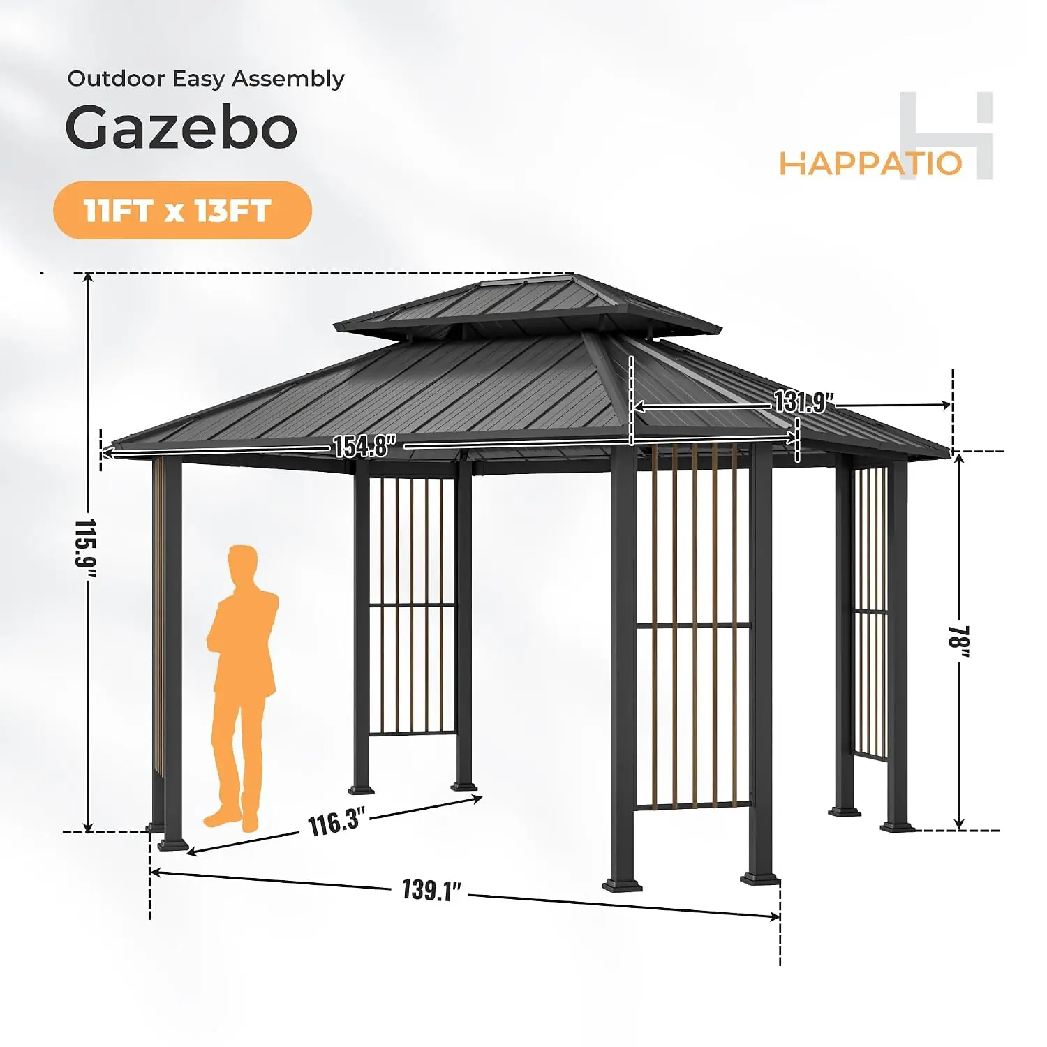 11' x 13 Outdoor Octagon Gazebo, Outdoor Pavilion Hardtop Gazebo with Double Tiered Ventilated Roof, Dual Rails and, Customized