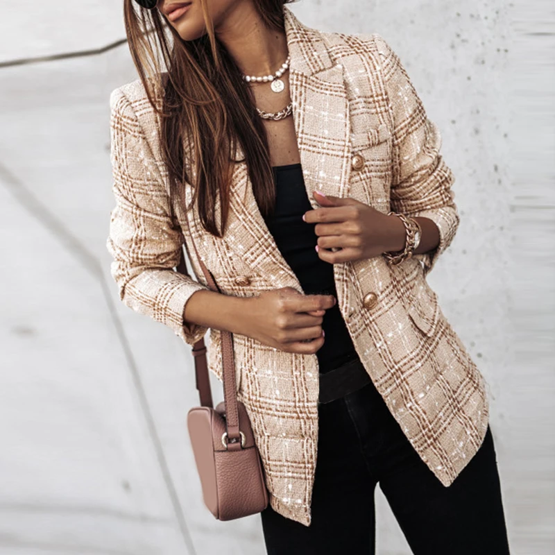 Ladies Plaid Blazer 2022 Women Spring-Autumn Vintage Suits Jackets Office Ladies Chic Slim Blazers Girls Tassel Tops Coat