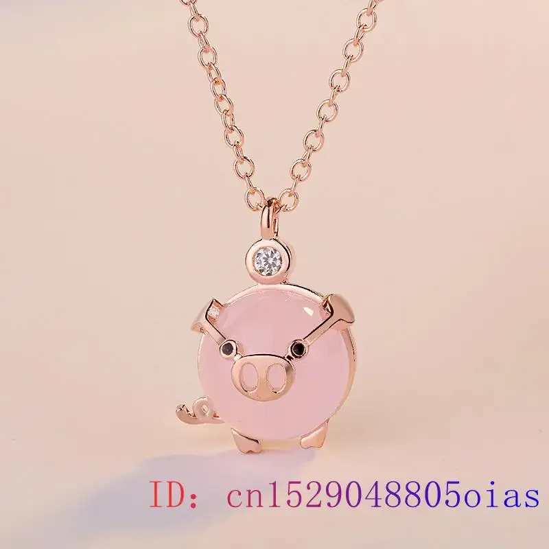 Pink Jade Pig Pendant Gifts Women Chalcedony Fashion Jewelry 925 Silver Natural Amulet Necklace