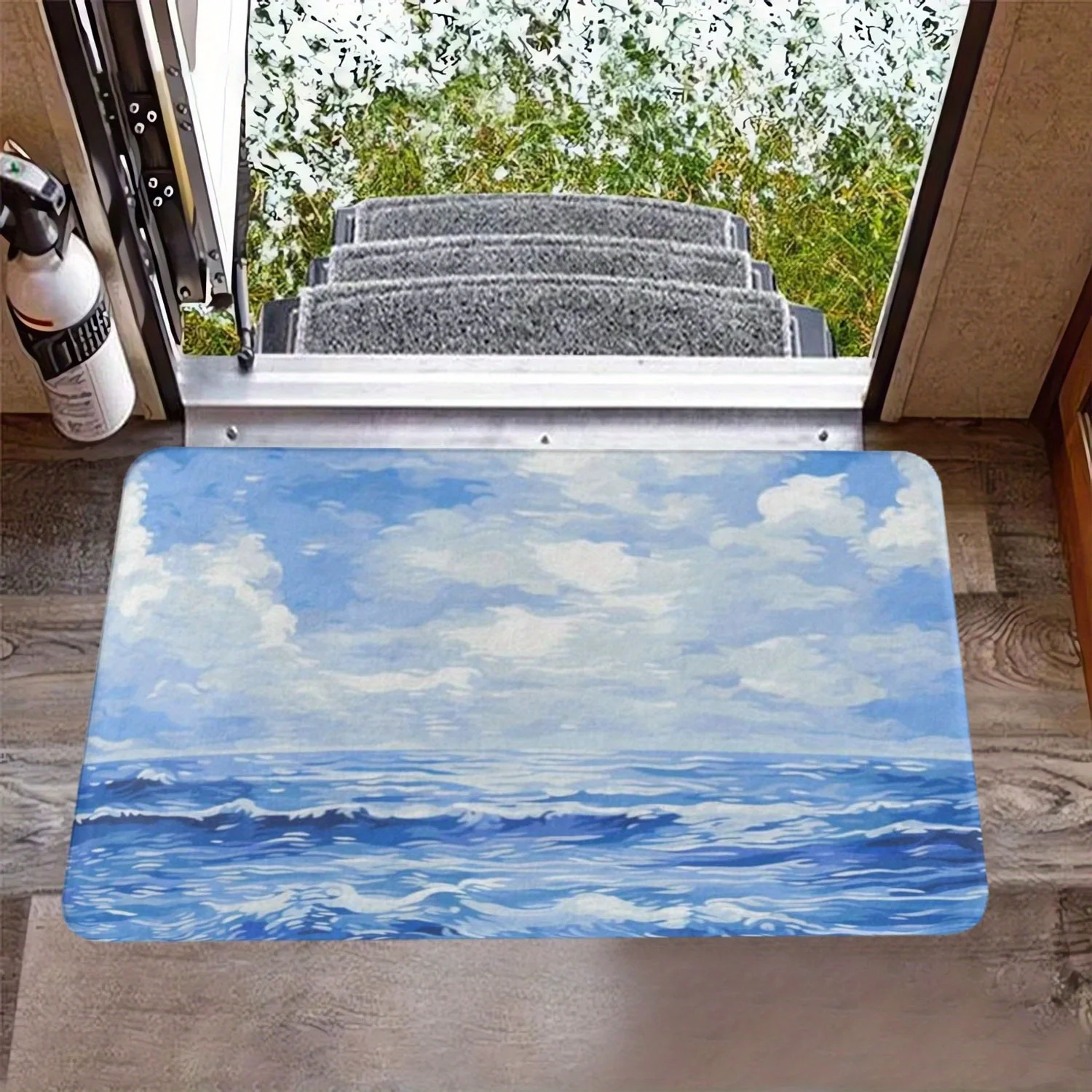 مجموعة سجادة أرضية الحمام RV مكونة من 3 قطع، مجموعة سجادة الحمام ذات اللوحة الزيتية للمحيط الأزرق، غطاء مرحاض على شكل حرف U مضاد للانزلاق، باب أرضي Ma #4