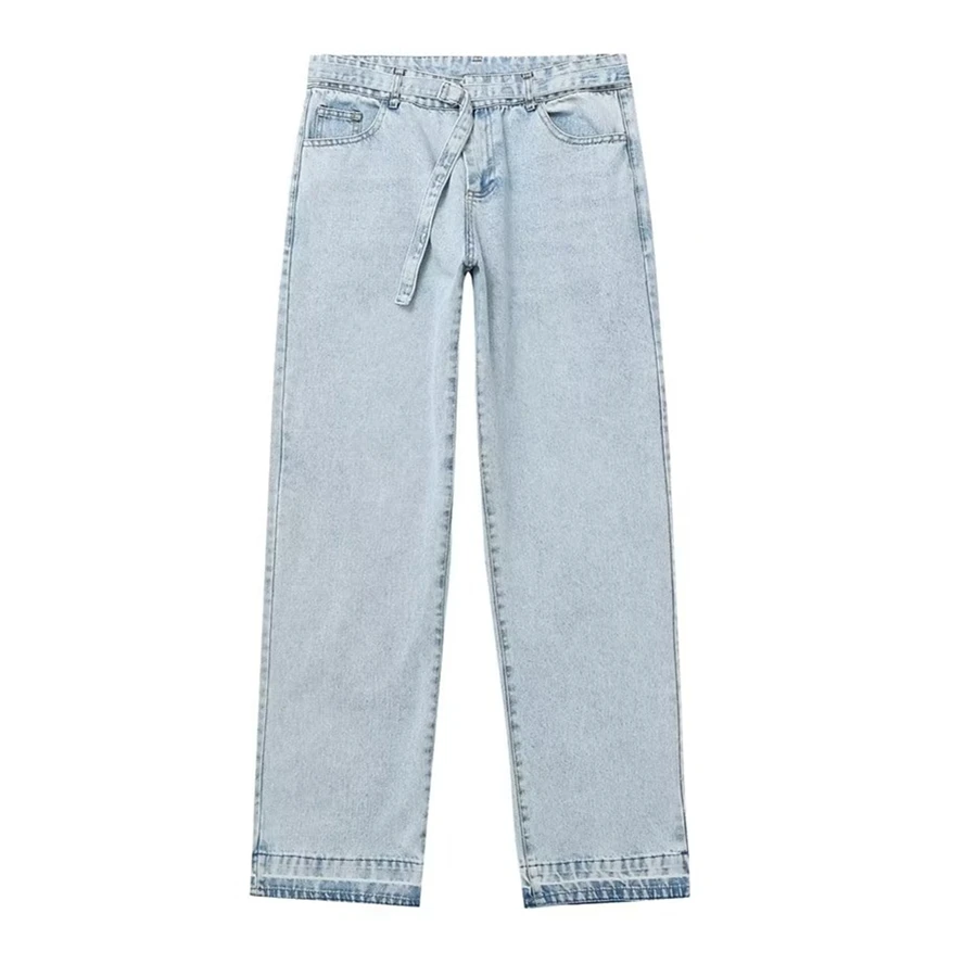 

Withered Fashion Vintage Denim Blue Loose Mom Jeans Women High Street Sashes Harem Jeans