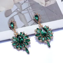 2024 New Fashion Green Red Champagne Crystal Rhinestones Big Dangle Earrings Women Indian Ethnic Statement Long Earrings Jewelry