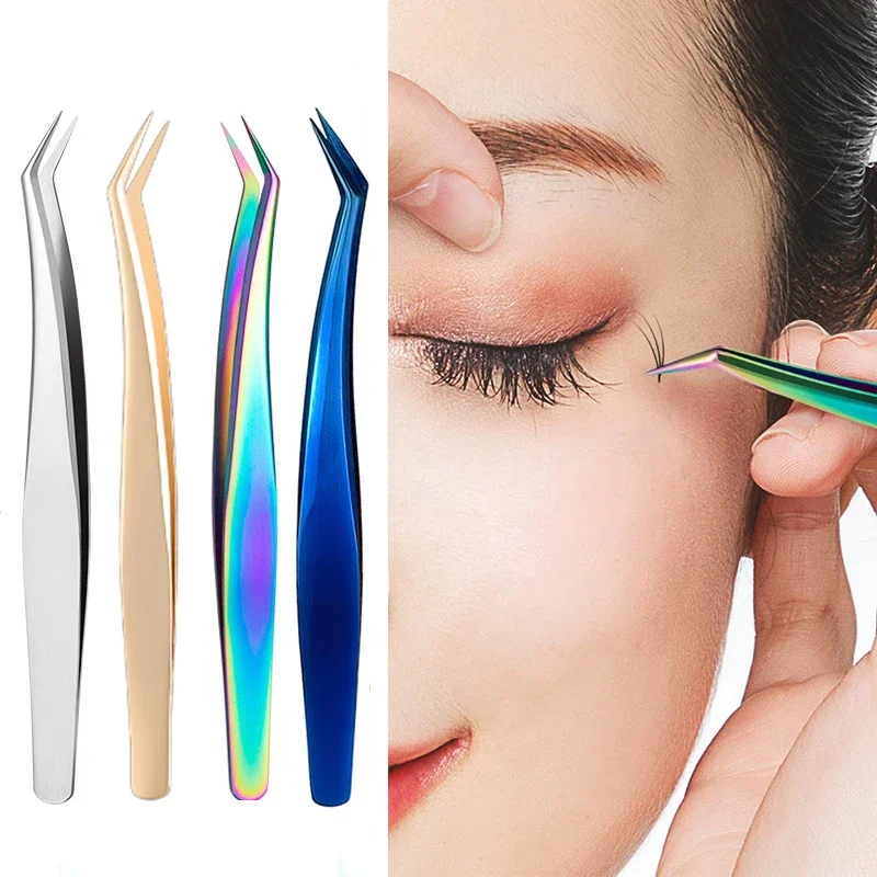 Colorful Gold Silver Stainless Steel Eyelash Tweezers Professional Eyelash Extension Eyebrow Tweezers Anti-static Makeup Tools