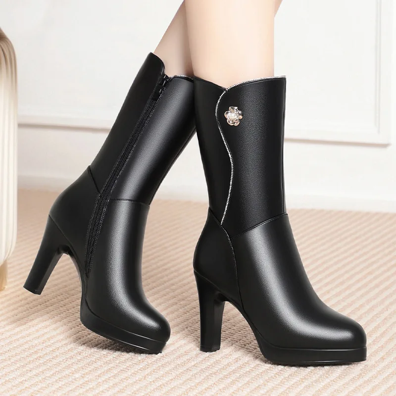

7cm 9cm Elegant Women's Shoes Mid Leg Winter Plush Boots Block High Heel Warm Fur Motorcycle Boots for Office Mom Dress