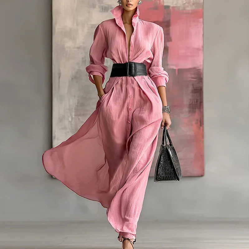 Abito camicia da donna monopetto primaverile da ufficio Abito elegante da donna slim solido Abito da festa autunnale a maniche lunghe a trapezio Vestido