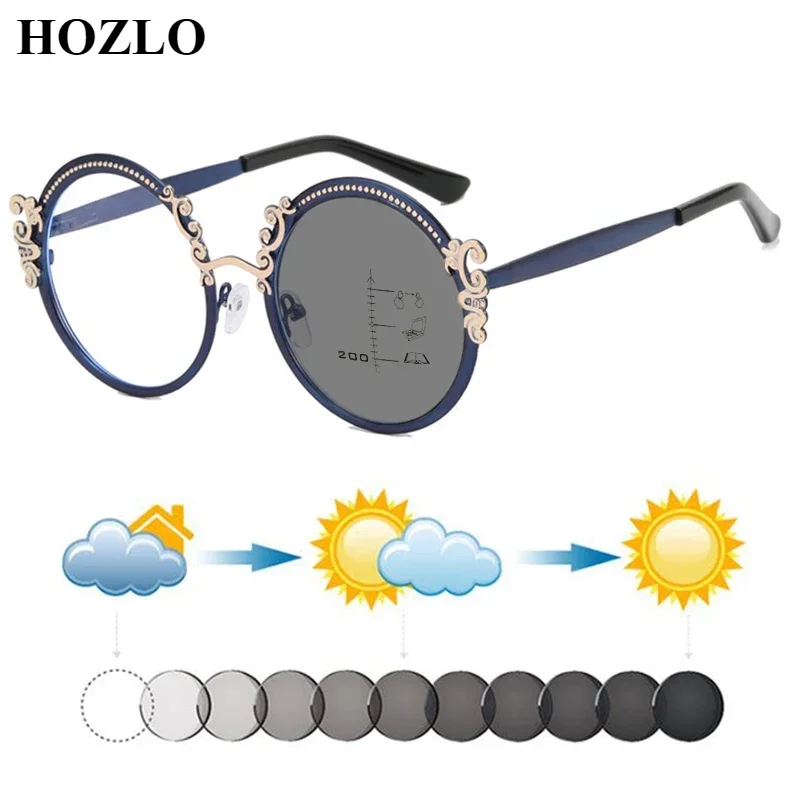 

Women Color Match Carved Round Metal Photochromic Progressive Reading Sunglasses New European American Hyperopia Spectacles