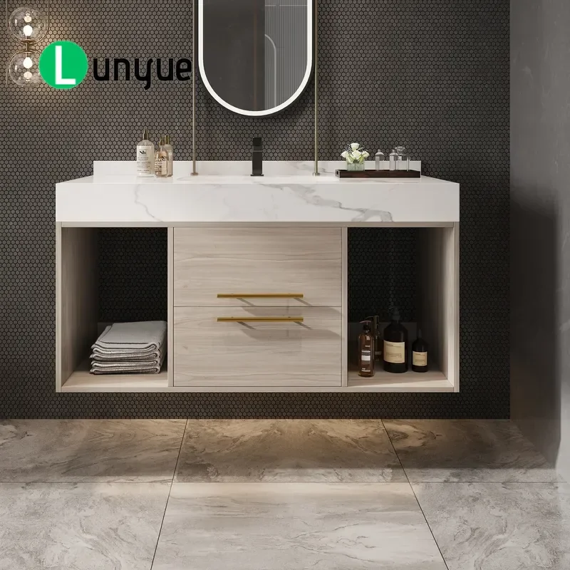 Modern Floating Bathroom Vanity Wall Mounted Ceramic Sink Solid Wood 2 Drawers 39.4 Inch For Contemporary Bath Storage